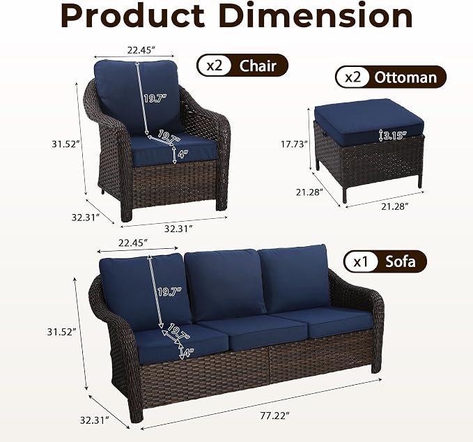 5 Piece Patio Wicker Conversation Set, All-Weather Use Outdoor Wicker Sofa with 2 PE Rattan Ottomans,2 Chair, Ideal for Porch, Backyard, Balcony, Poolside, Blue
