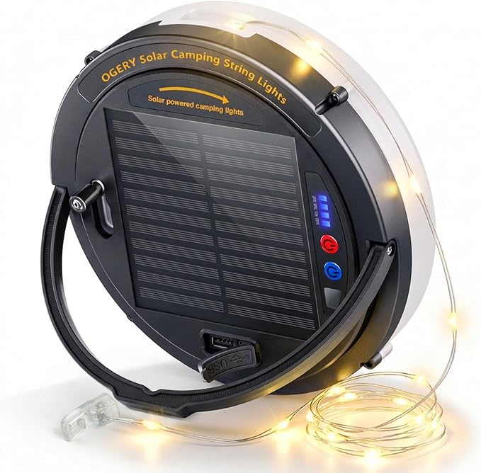Solar Camping String Lights, 5400mAh/ 49.2FT/ 11 Modes Rechargeable | Camping Lights Outdoor/Indoor, 4-in-1 Quick Storage Fairy Tent Lights Portable LED Lamp for Patio Yard Party Decor Essentials