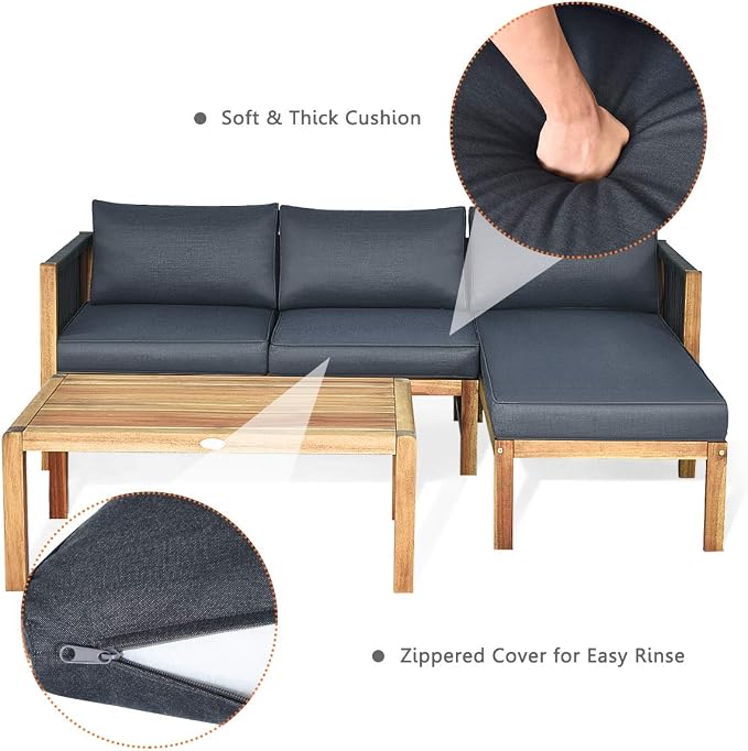 Giantex 3 Piece Outdoor Patio Furniture Set, Acacia Wood Sectional Sofa w/Seat Cushions, Wooden Conversation Seat Couches and Coffee Table, Cushioned Garden Sofa Set for Outdoor Indoor (Grey)