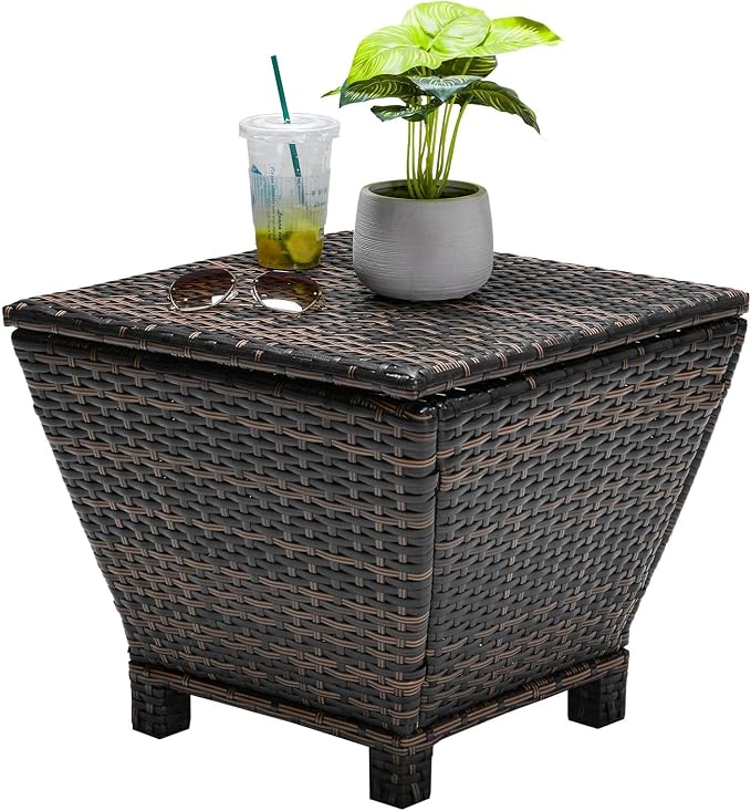 HOMSUPPLIE'S 13 Gallon Outdoor Side Table with Storage Space, Waterproof Wicker Patio Deck Box, Rattan End Table with Hidden Storage for Pool Towels, Toys & Garden Tools(Brown,Trapezoid)