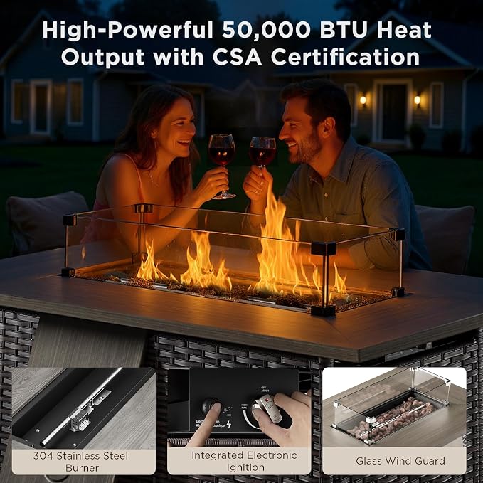 8 Pieces Luxury Patio Furniture Set with 42.5" Fire Pit Table, 6-Inch Thick Cushions Wicker Outdoor Furniture with Outdoor Rocking Chairs Set of 4, Outdoor Patio Conversation Set for Deck, Gray
