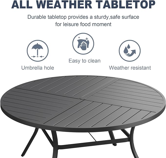 VICLLAX 50" Round Patio Dining Table for 6, All Weather Metal Outdoor Table with 1.57" Umbrella Hole and Surdy Frame for Garden Lawn Deck, Black