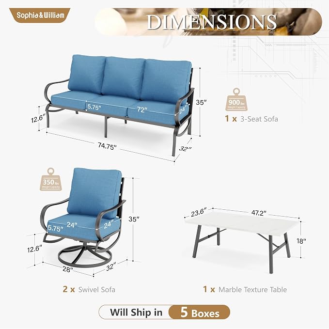 Sophia & William Patio Furniture Sets 5 Seats Outdoor Metal Conversation Sets 4 Pcs with 2 x Cushioned Swivel Sofa Chairs,1 x 3-Seat Sofa, 1x Marbling Metal Coffee Table Lawn Backyard Poolside Navy
