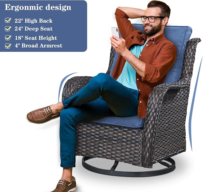 Belord Wicker Outdoor Furniture Patio Furniture Set - 6 Piece Patio Conversation Set with Swivel Rocker Chairs, Rattan Sofa, Ottomans and Coffee Table, Blue Cushion