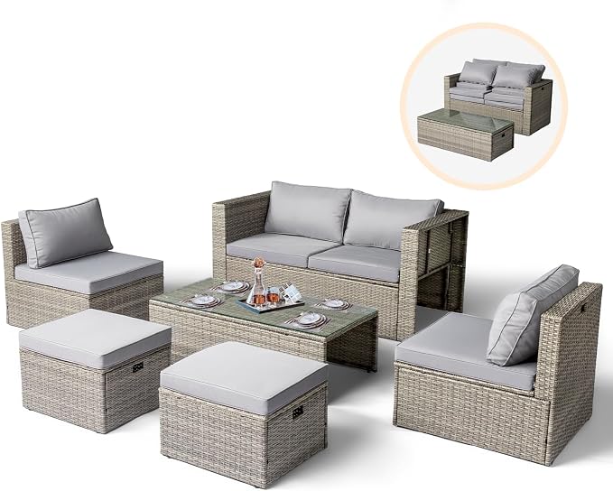 VINGLI 6 Pieces Wicker Patio Furniture Set, Outdoor Sectional Furniture Patio Conversation Set Space-Saving Design with Ottomans and Coffee Table for Garden,Poolside, Backyard(Grey)