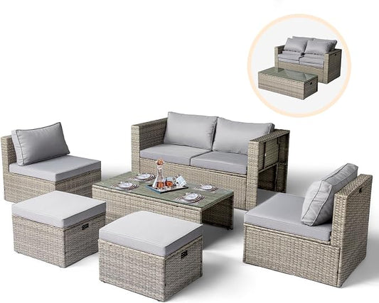 VINGLI 6 Pieces Wicker Patio Furniture Set, Outdoor Sectional Furniture Patio Conversation Set Space-Saving Design with Ottomans and Coffee Table for Garden,Poolside, Backyard(Grey)