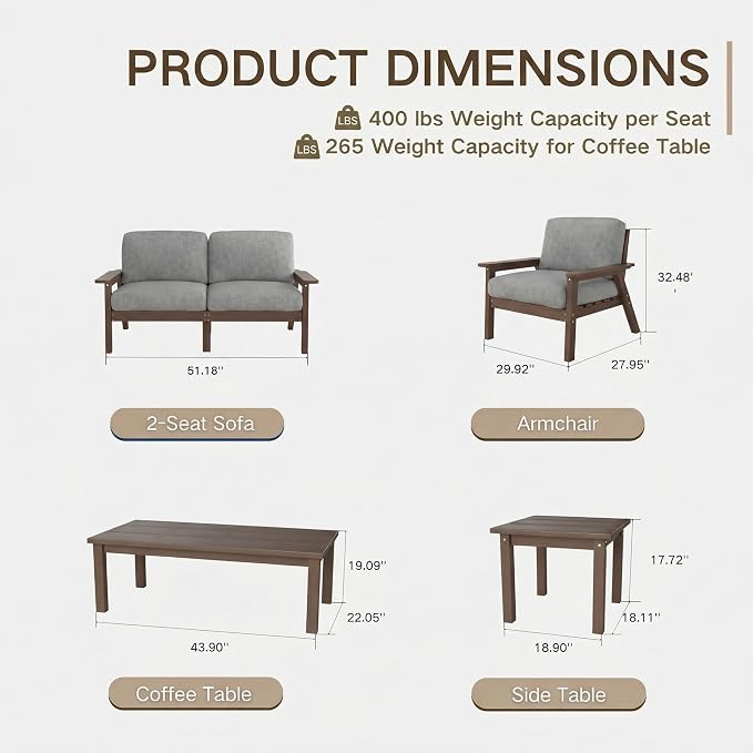 Kingdura HDPE Patio Furniture Set, 3 Piece Outdoor Sectional Sofa with Coffee Table, All Weather Outdoor Couch Conversation Set with Washable Cushions for Backyard Poolside Balcony