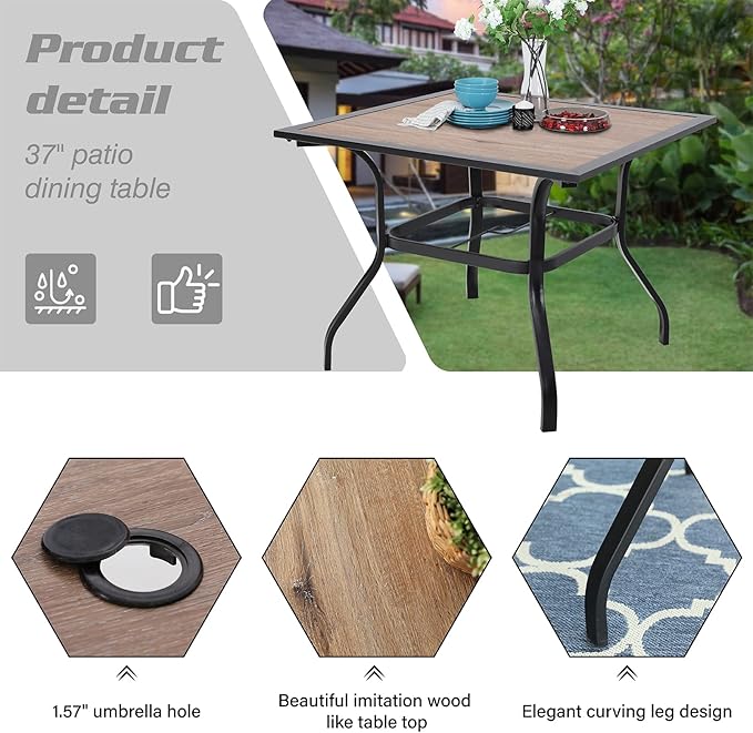 PHI VILLA Patio Furniture Set 5 Pieces Patio Dining Set Outdoor Table and Chairs 4 x Swivel Dining Chairs with 37" Metal Umbrella Table for Outdoor Lawn Garden Backyard