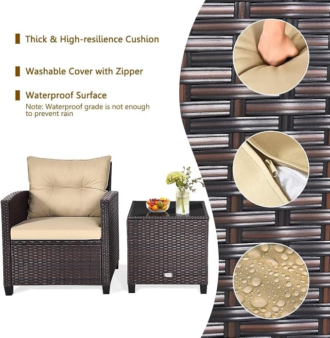 HOMGX 3 Pieces PE Rattan Wicker Patio Sofa Chairs, Outdoor Furniture Conversation Sets with Washable Cushion & Glass Table, Rattan Sofa Set for Balcony, Porch, Yard, Backyard, Lawn, (Mix Brown)