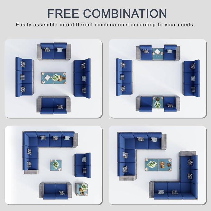 12 Pieces Patio Conversation Set, Rattan Furniture Set with Wide Armrests and Coffee Table, Outdoor Modular Sectional Couch Wicker Sofa for Garden Backyard Balcony Porch Deck (Blue Cushions)
