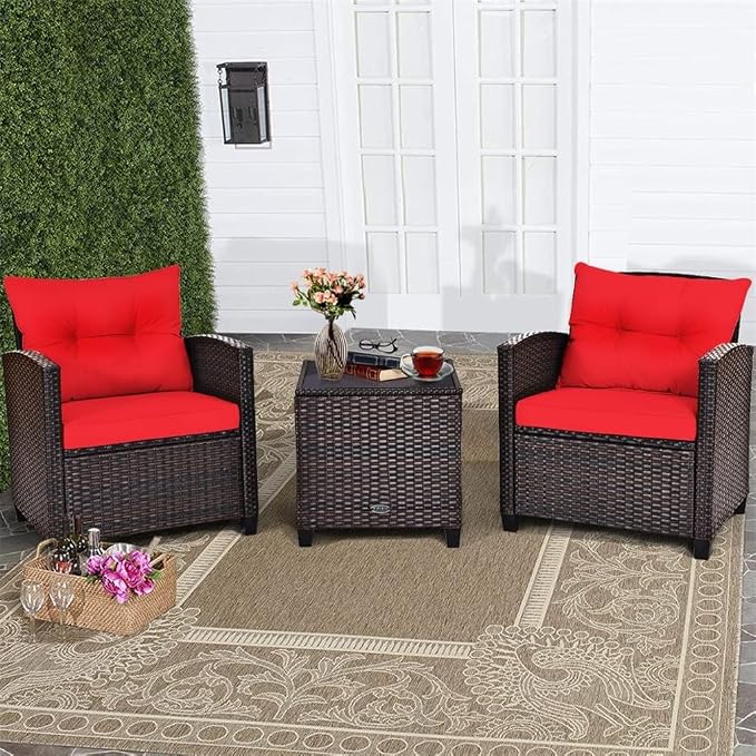3PCS Patio Rattan Furniture Set Cushioned Conversation Sofa Coffee Table for Your Outdoor Space(D)