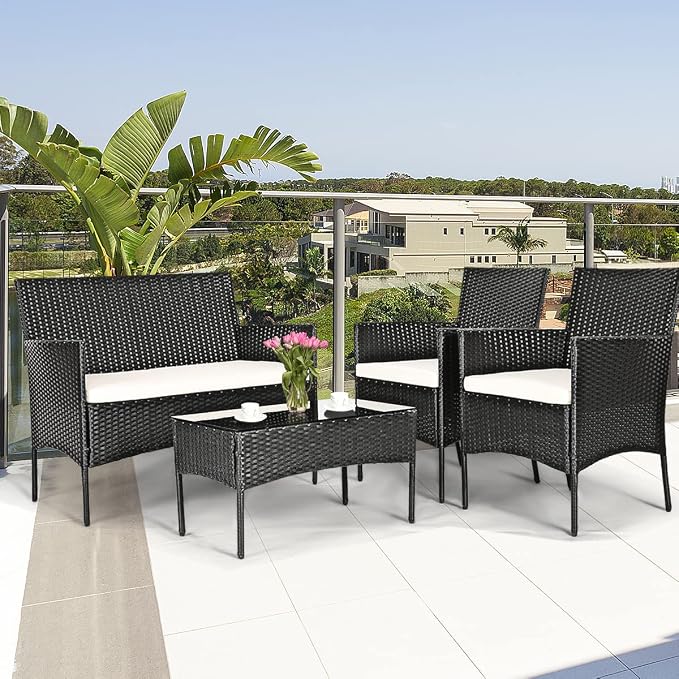 HAPPYGRILL 8 Pieces Patio Furniture Set Rattan Wicker Conversation Set with Tempered Glass Top Table, Outdoor Wicker Sofa Set with Removable Cushions for Poolside Garden Backyard