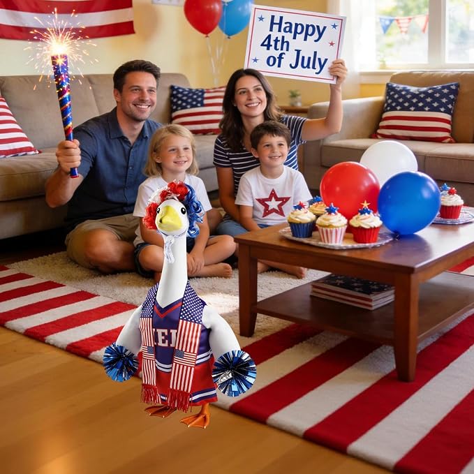 Patriotic Cheerleader Porch Goose Outfits – 4th of July Porch Goose Clothes with Pom Poms, 23 Inch Goose Statue Costume for Garden Patio USA 250th Anniversary
