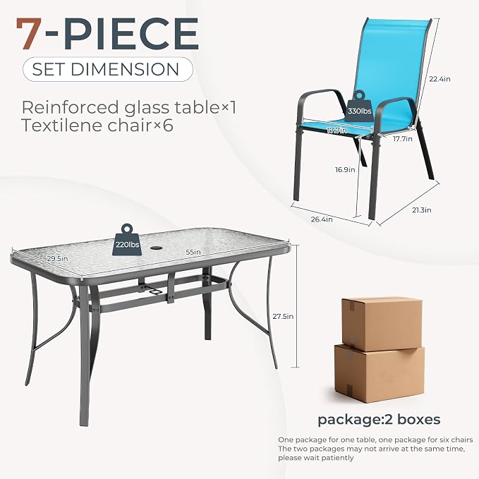 TLSUNNY 7 Pieces Patio Dining Set, Outdoor Table and Chairs W/1.69″ Umbrella Hole, 30"X 55" Table and Stackable Textilene Chair, All Weather Patio Furniture Set (Umbrella not Included)