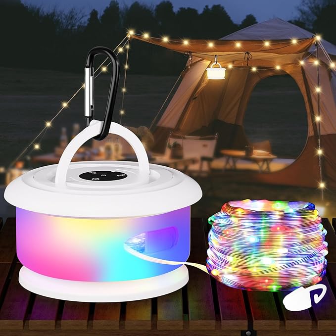 Camping String Lights, Retractable 32.8FT Rechargeable Fairy Light | Quick Storage RGB Flash Lamp Outdoor Waterproof, Portable Hanging Lantern for Outside Tent Patio Awning Garden RV Essentials
