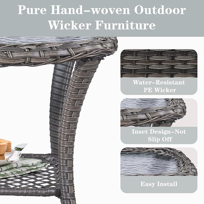 Small Outdoor Side Table - 50 LBS Weight Capacity Wicker Side Table with Storage, Tempered Glass Top Patio Side Table for Porch Balcony Deck Garden - Grey