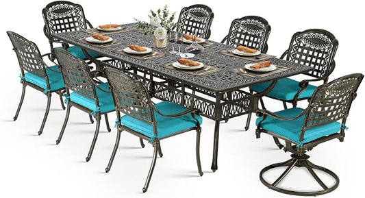 VIVIJASON 9-Piece Outdoor Dining Set, Cast Aluminum Patio Table & Chair Furniture Set, Include 94.5" Rectangular Table, 2 Swivel Rocker Chairs, 6 Stationary Chairs, Umbrella Hole, Ocean Blue Cushion
