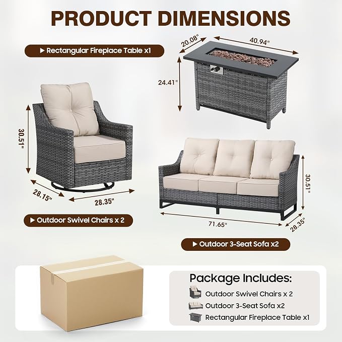 5 Piece Patio Furniture Set With Fire Pit Table, 360°Swivel Glider Patio Chairs Set of 2,Cozy 60,000 BTU Rectangular Fire Pit Table,2 Sofas, All-Weather Wicker Patio Set With 6 Inch Cushion for Porch