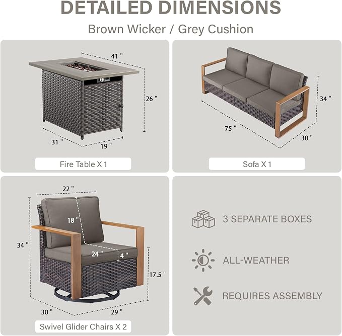 Belord Full 4 Pieces Patio Furniture Set with 41” Propane Fire Pit Table, Outdoor Conversation Set with Swivel Glider Outdoor Chair Set of 2 and Rattan Sofa for Deck Backyard