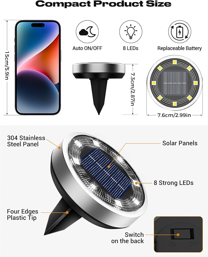 btfarm 16 Pack Solar Lights Outdoor, 8 LED Solar Ground Lights IP65 Waterproof Flat Solar Disc Light, Pathway Lights for Garden Lawn Patio Yard Path Landscape, Cool White