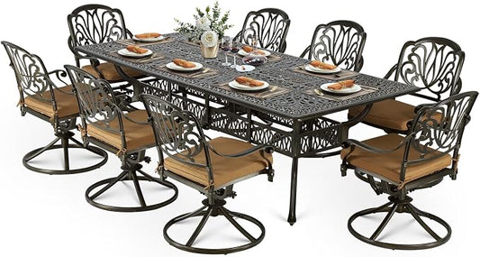 VIVIJASON 9-Piece Outdoor Dining Set, Cast Aluminum Retro Patio Furniture Table and Chairs Set for 8, Include 94.5" Rectangular Table and 8 Swivel Rocker Chairs with Umbrella Hole, Khaki Cushion