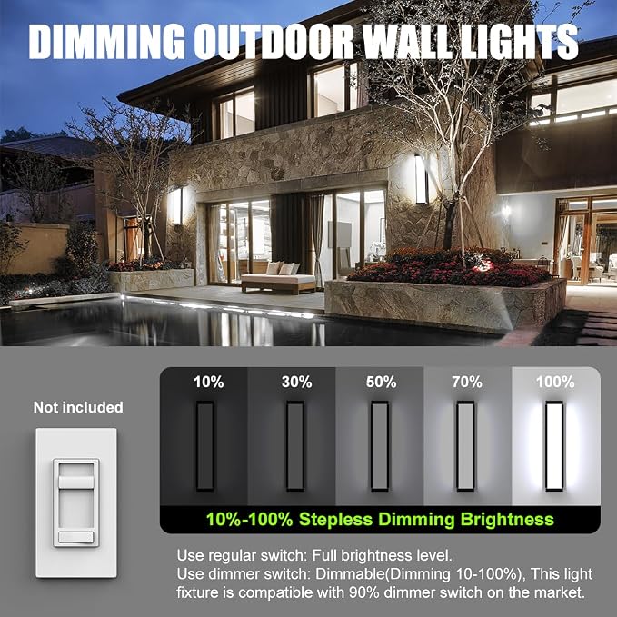 23.6in Outdoor Wall Lights 2Packs,10%-100% Dimming LED Modern Patio Wall Light Fixture, Black Exterior Sconce for Garage Courtyard Commercial House(6000K)