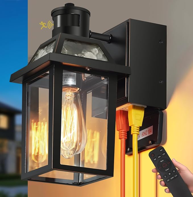 Porch Light with GFCI Outlet and Remote, Motion Sensor, Black, 1 Pack | Dusk to Dawn Motion Sensor Outdoor Light 4 Lighting Modes Exterior Fixture Outside Lights for Porch Garage House