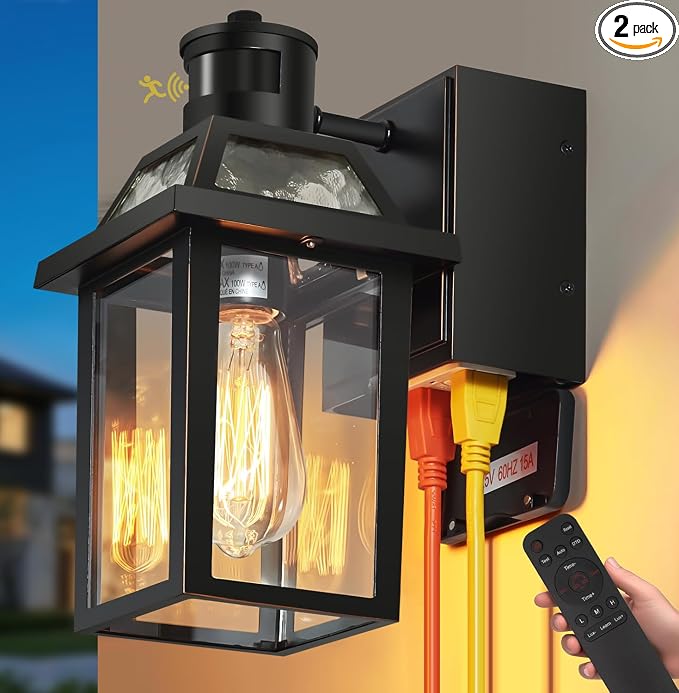 Porch Light with GFCI Outlet and Remote, Motion Sensor, Black, 2 Pack | Dusk to Dawn Motion Sensor Outdoor Light 4 Lighting Modes Exterior Fixture Outside Lights for Porch Garage House