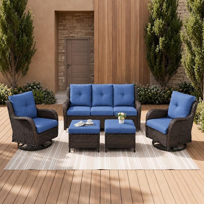 Rilyson Wicker Patio Furniture Set - 5 Piece Rattan Outdoor Sectional Conversation Sets with 2 Rocking Swivel Chairs,2 Ottomans and 1 Sofa for Porch Deck Garden(Brown/Blue)
