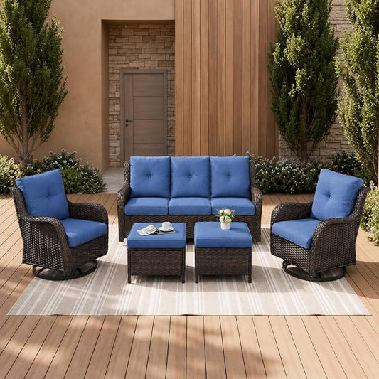 Rilyson Wicker Patio Furniture Set - 5 Piece Rattan Outdoor Sectional Conversation Sets with 2 Rocking Swivel Chairs,2 Ottomans and 1 Sofa for Porch Deck Garden(Brown/Blue)