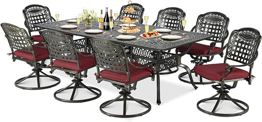 9-Piece Patio Cast Aluminum Dining Set, Outdoor Table and Chairs Set for 8, Includes 94.5" Rectangular Dining Table and 8 Swivel Rocker Chairs with Umbrella Hole for Lawn Garden, Red