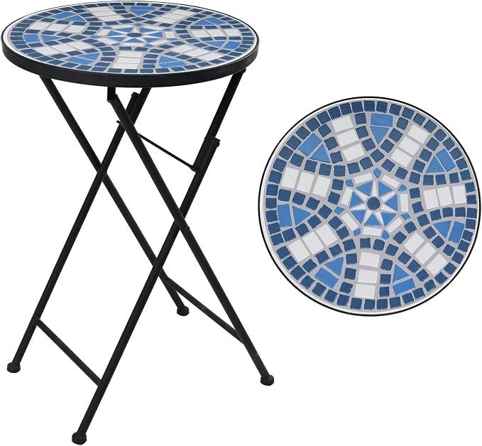 VCUTEKA Mosaic Outdoor Side Table, Patio Side Tables with 14" Ceramic Tile Top for Outside, Indoor Accent Table for Yard, Garden, Living Room, Bistro Balcony or Lawn