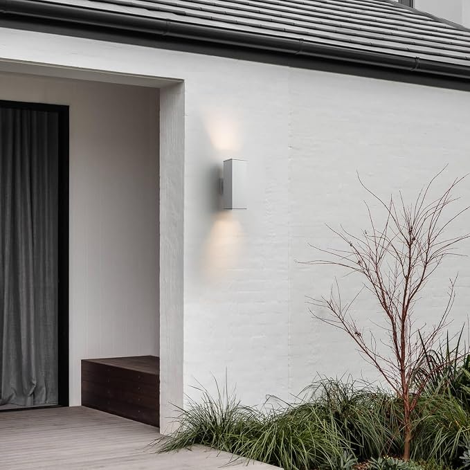 mirrea 14" Modern Outdoor Porch Light in 2 Lights, Matte White, 2 Pack | Patio wall sconce, aluminum rectangular tube, tempered glass, waterproof. Up & down lighting for outdoor wall mount fixture.