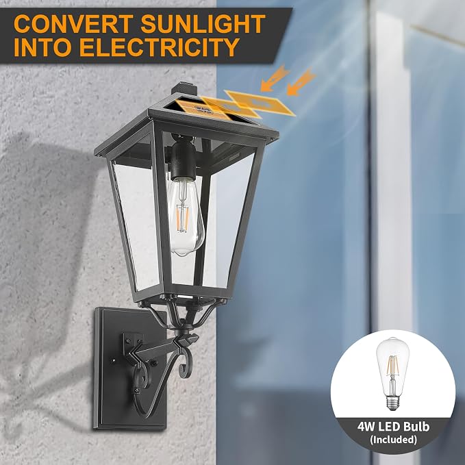 Solar Outdoor Wall Light, 20'' Vintage Lantern-Style Sconce with Remote Control, Alluminum Matte Black Weatherproof Exterior Lighting Front Porch Lights for House Garage Doorway Patio