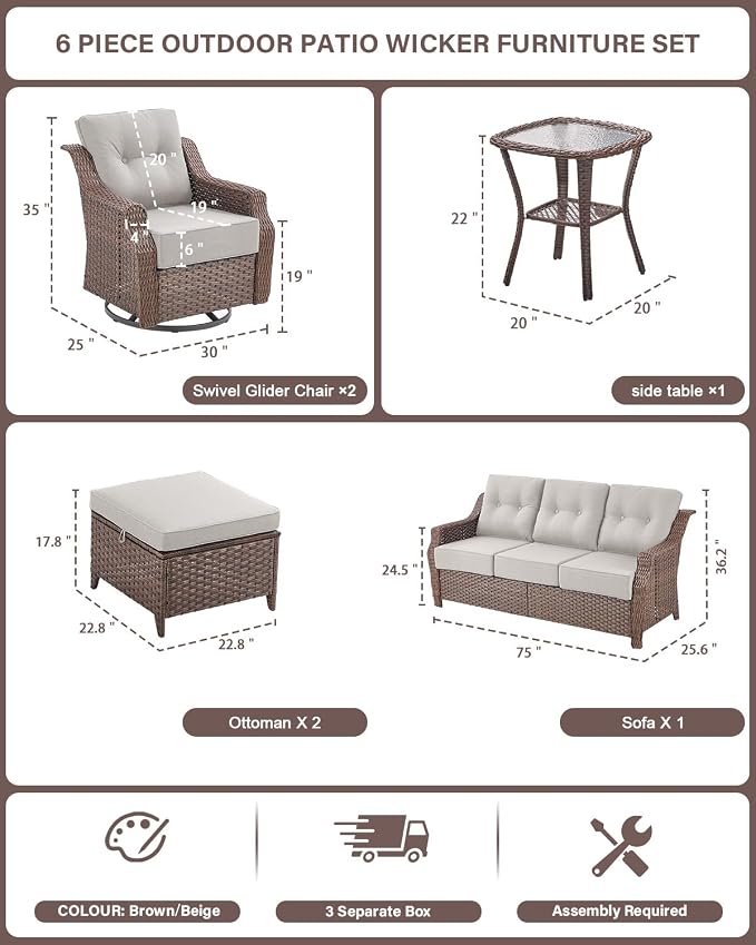 Belord High Back Outdoor Patio Furniture Set - Wicker Outdoor Swivel Rocker Patio Chairs with Sofa and Ottoman, All-Weather Patio Conversation Set for for Patio Deck Backyard