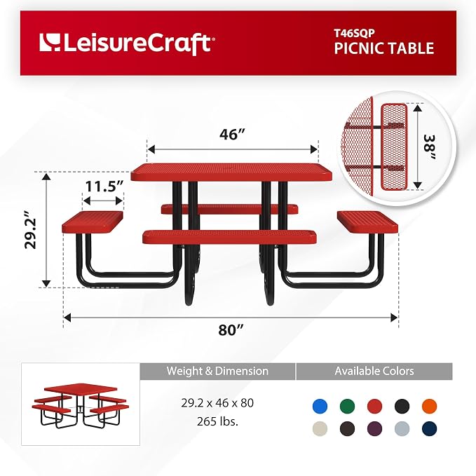 Leisure Craft Metal Picnic Table with Bench - 46" Square Outdoor Dining Table for 8 with Umbrella Hole, Weatherproof Heavy Duty Thermoplastic Coating, Commercial Grade Furniture Made in USA - Red