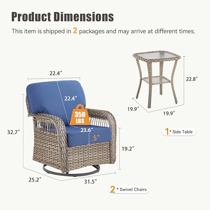 3 Pieces Patio Furniture Set with Swivel Chairs, All Weather Wicker Swivel Rocker Patio Chairs Rattan Side Table, High Back Outdoor Seating Furniture for Deck Porch Sunroom Backyard, Blue