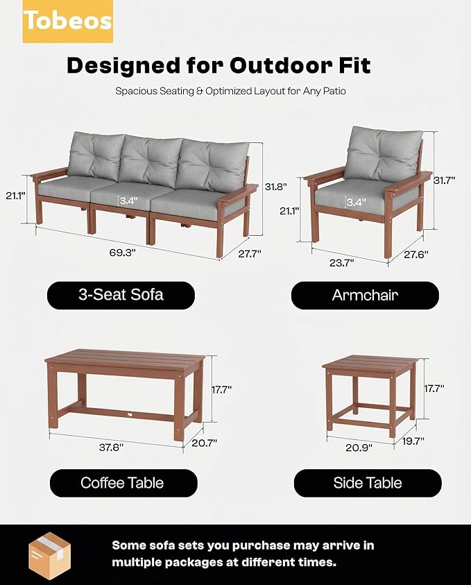 HDPE 10 Piece Outdoor Patio Furniture Set, All-Weather Outdoor Couch Set with Thick Cushions & Table, Patio Conversation Set for Lawn, Garden, Porch, Balcony, Deck, Poolside, Teak Grey