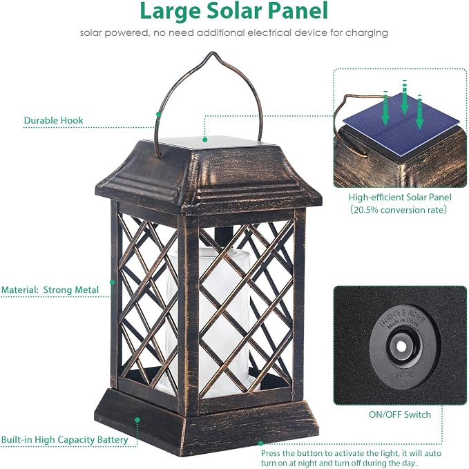 TomCare Flickering Flame Solar Lights Outdoor Metal Hanging Lantern, 2 Pack | Realistic Flame Effect, Charges in 6-8 Hours, 10-12-Hour Runtime, IP65 Waterproof, Auto On/Off for Patio, Garden and Porch