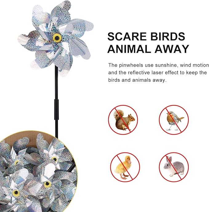 BATTIFE Preassembled Reflective Pinwheels for Yard & Garden, Silver, 10Pack | Sparkly Reflective Material Spinner, Spins Best in Steady Wind, Animal-Deterrent Results Vary by Placement and Conditions