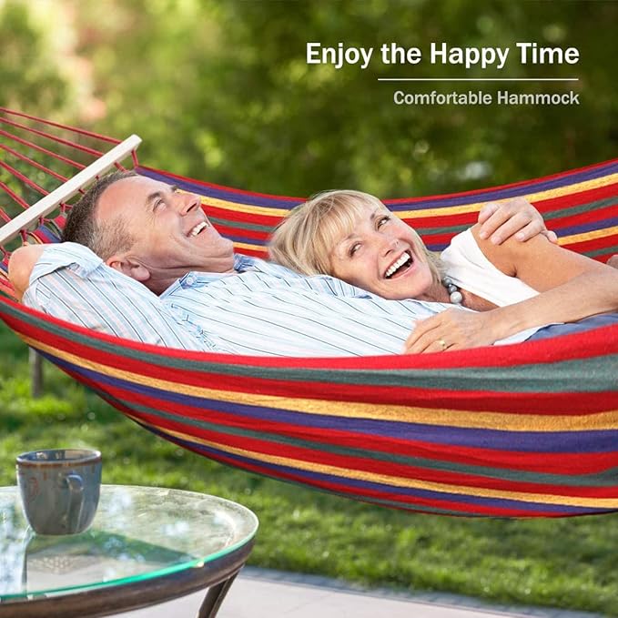 285X155cm Hammock with Spreader Bars, Camping Hammock Outdoor, with Thickened Durable Canvas Fabric and Sturdy Metal Knot, 550 Lb Load Capacity, for Backyard, Garden,Blue