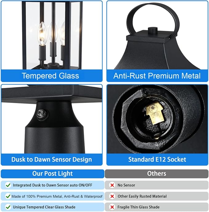 18.62'' Dusk to Dawn Post Light Outdoor, Large 3-Light Lamp Post Light | Modern Pillar Outside Lighting Waterproof Post Lantern Lamp Outdoor Post Light Fixtures Pole Lights for Porch, Black
