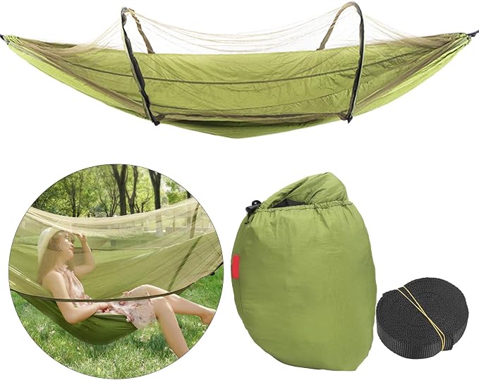 Single Person Hammock with Mosquito Net, Super Light, Removable, Quick Opening, Fruit Green and Dark Green - Tear Resistant Fabric, Portable Storage, Outdoor Relaxation (OD Green)