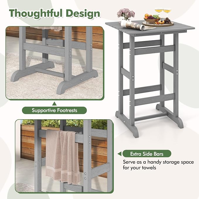 Giantex 42" Height Outdoor Tall Bar Table, HDPE Square Pub Tables with Wood Grains, High Top, Cocktail Bistro Table for Adirondack Chairs, Patio, Garden, Poolside, Yard, Balcony, Grey