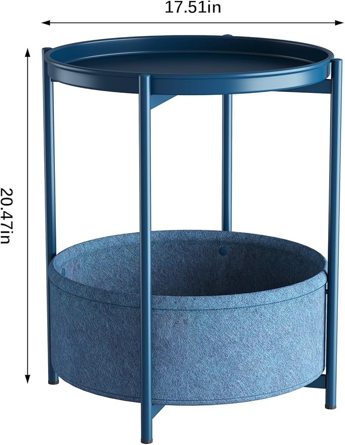 Garden 4 you Side Table with Fabric Storage Basket, Round Metal End Table, Small Bedside Table Nightstand with Removable Tray, for Nursery, Living Room, Bedroom, Bathroom, Blue
