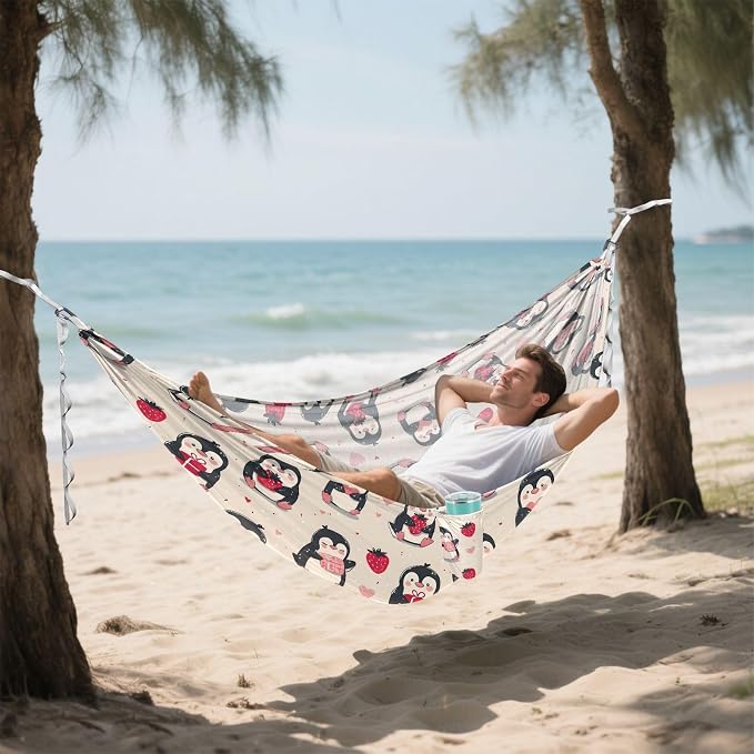 Camping Hammock Outdoor Hammocks for Outside Cute Penguin Strawberry Beach Trees Portable Lightweight with Pockets Tree Straps Indoor Small
