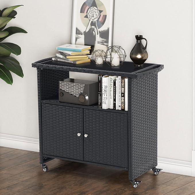 Outdoor Kitchen Wicker Island Rolling Cart with Storage Cabinet Outside Bar Cart Patio Bar Table, w/Wheels and Black Glass Table Top, Black