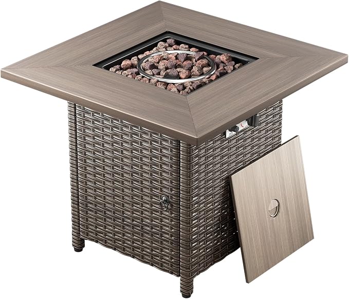 7 Piece Outdoor Patio Furniture Set with 30" Fire Pit Table,Conversation Sectional Wicker Couch with Swivel Chairs,Modern Outside Sofa for Balcony Backyard, Brown/Beige