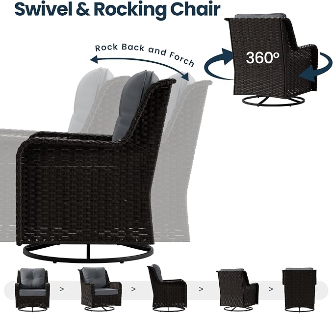 Kullavik 7 Pieces Patio Furniture Set,All-Weather Wicker High Back Outdoor Swivel Rocker Patio Chairs with Coffee Table & Thick Cushions,Paito Conversation Set for Porch,Deck,Grey