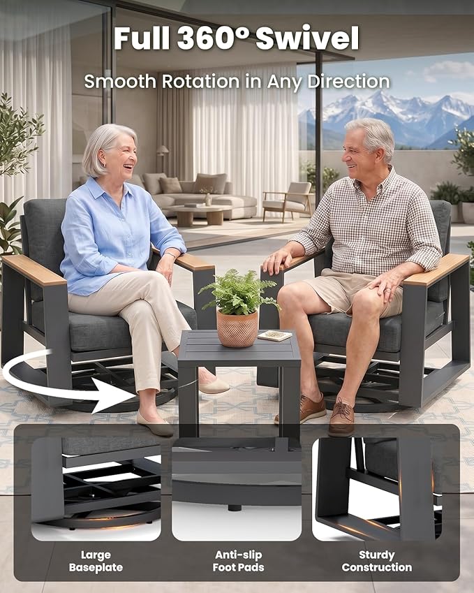 Outdoor Swivel Patio Chairs Set of 3, Aluminum Large 3-Piece Outdoor Patio Conversation Furntiure Set With Side Table, Luxury Wider Seat & High Back Bistro Table and Chairs Set of 3, Graphite